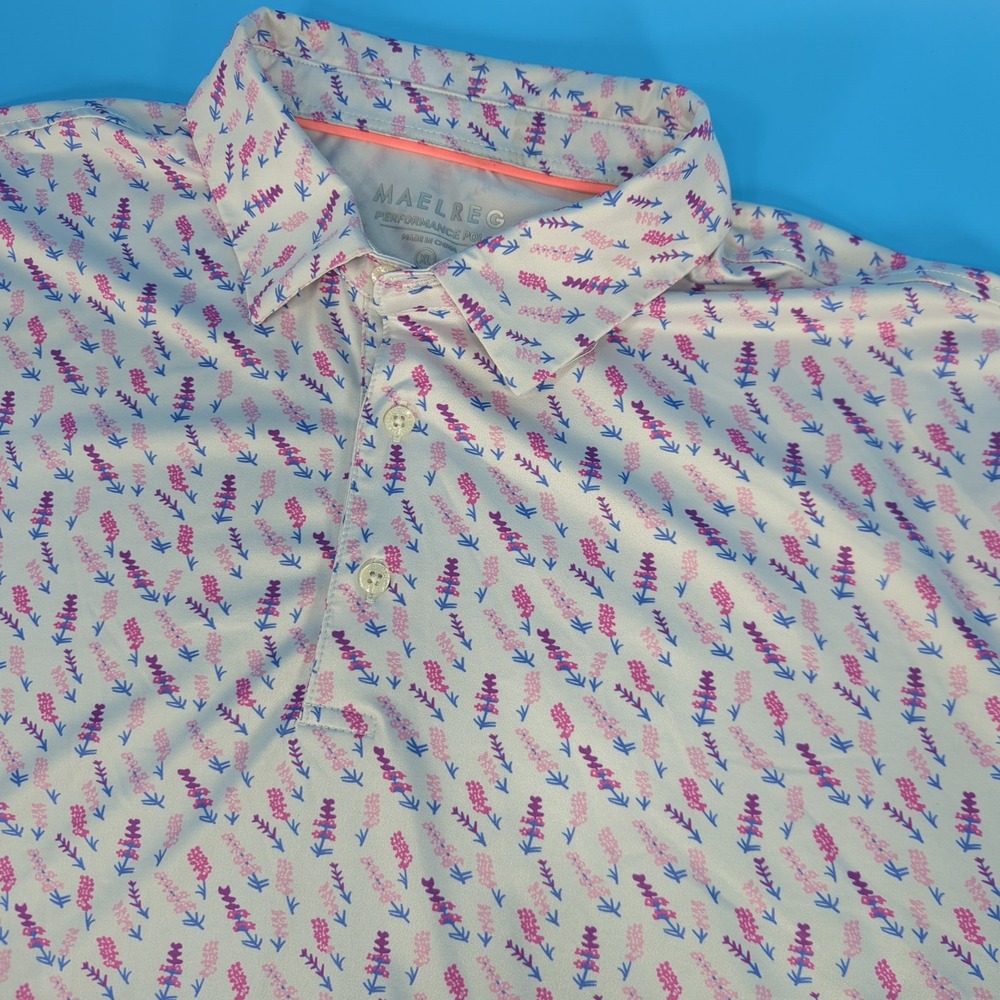 Maelreg Performance Polo Mens XL Floral Sprig Golf Shirt Short Sleeve White